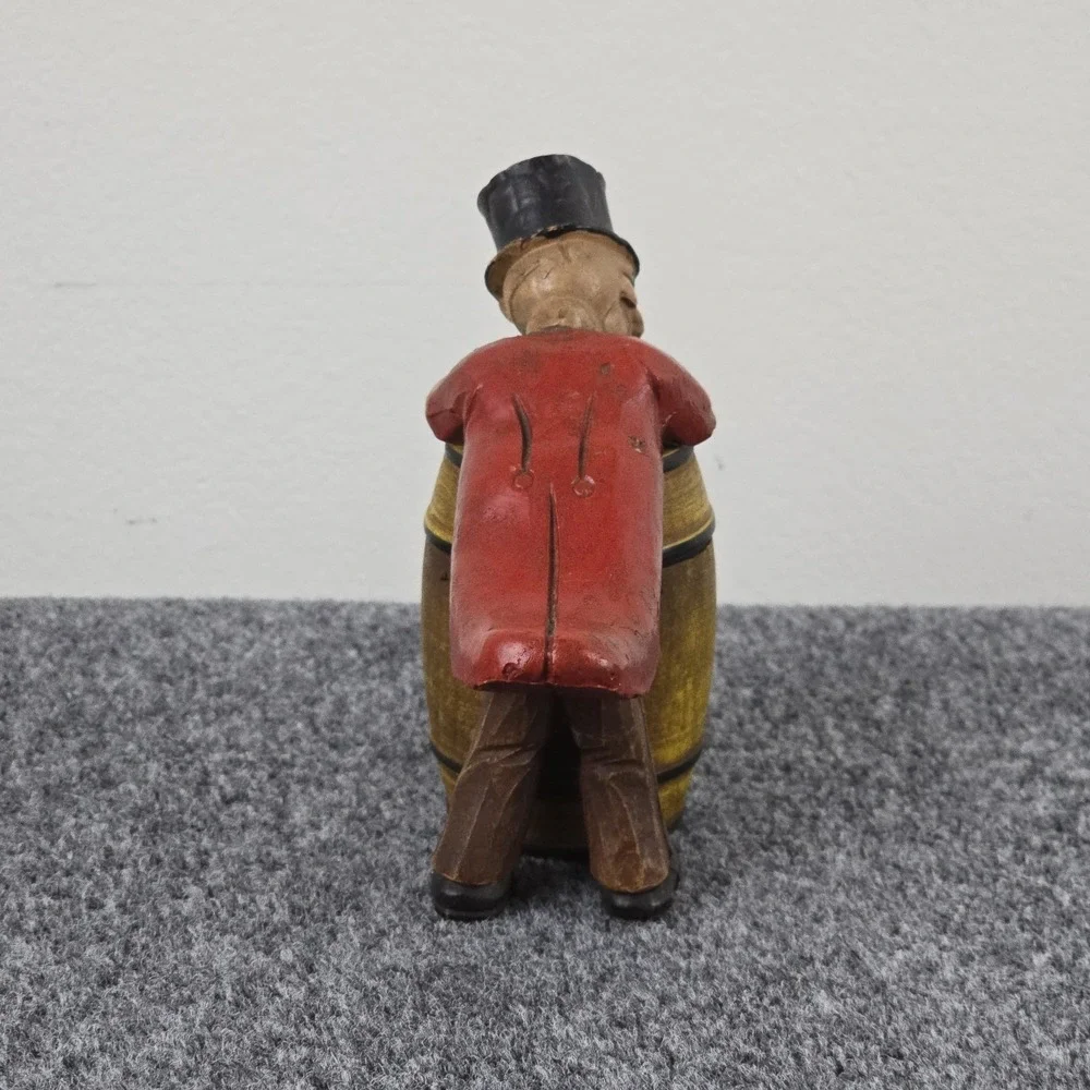 Vintage Mid Century Wood Figural Man Barrel‎ Trinket Box Folk Art